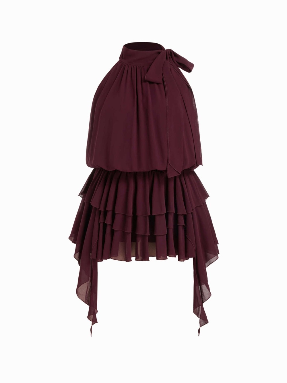 Cider Chiffon Halter Neck Ruched Mini dress in Burgundy